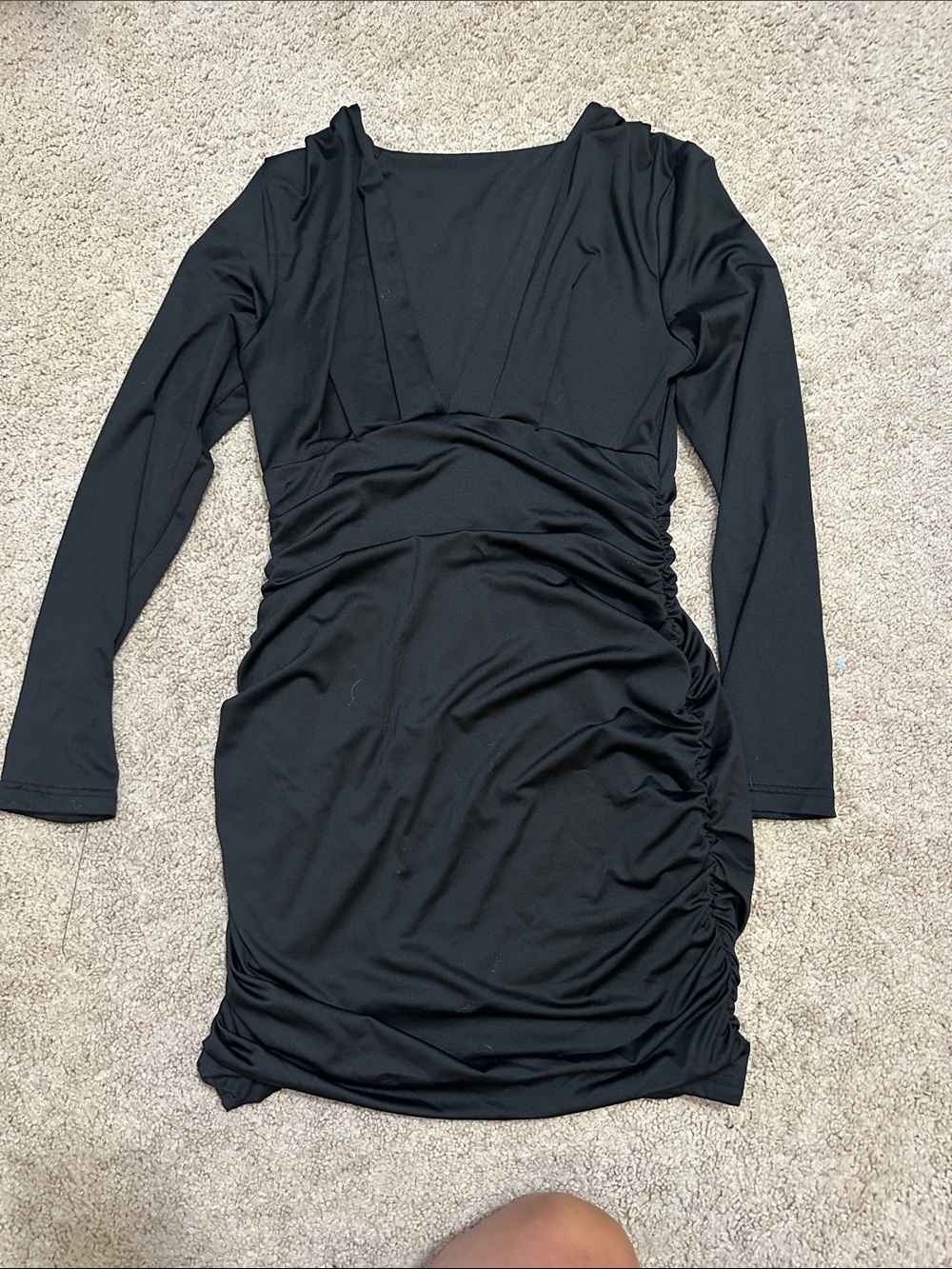 Classic Black Long-Sleeve Ruched V-Neck Dress